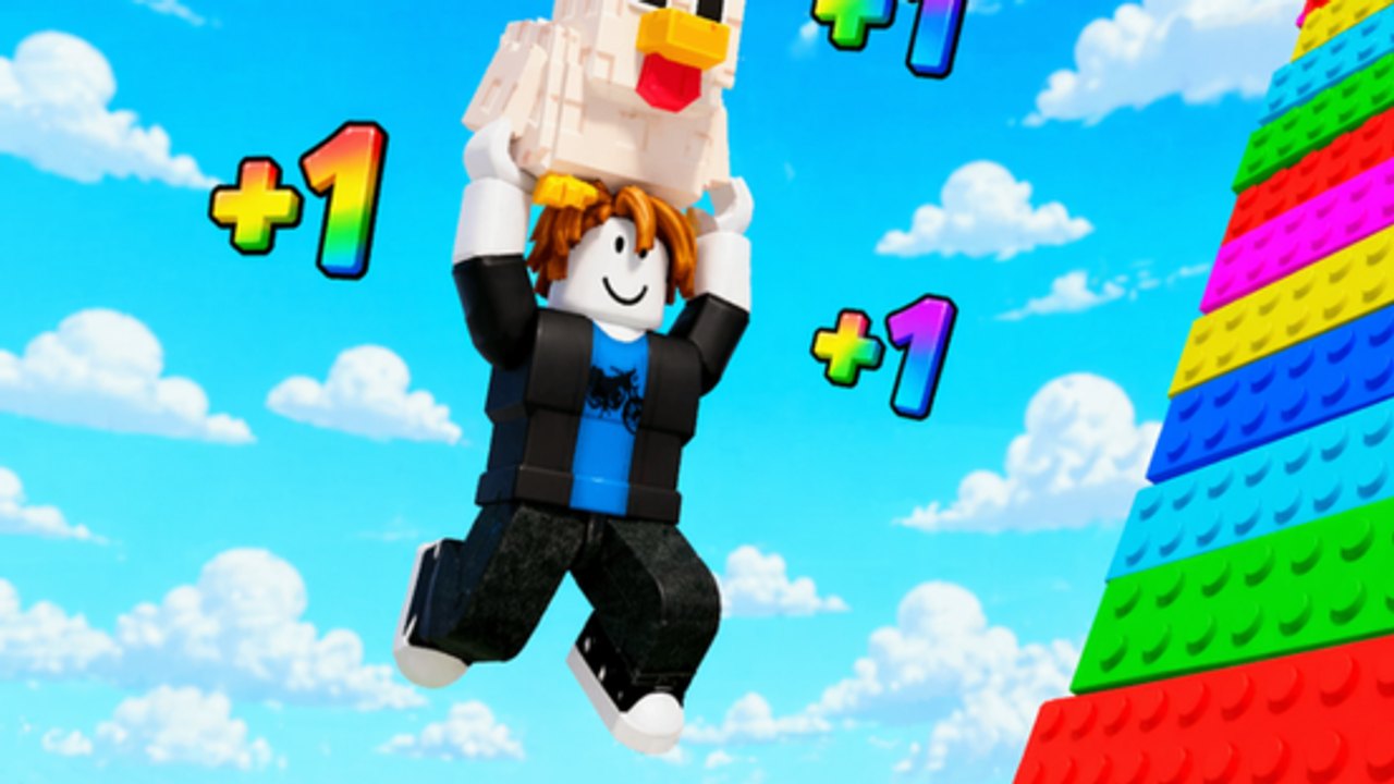 Personnage Roblox de Jump for Animals qui saute avec un poulet Basic tandis que des plus-un arc-en-ciel apparaissent