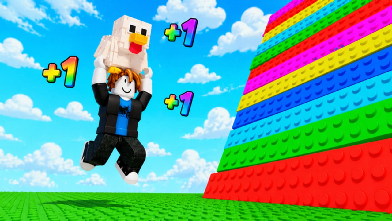 Scène Jump for Animals sur Roblox avec une tour de briques arc-en-ciel, de l'herbe en studs verts et un collectionneur en saut